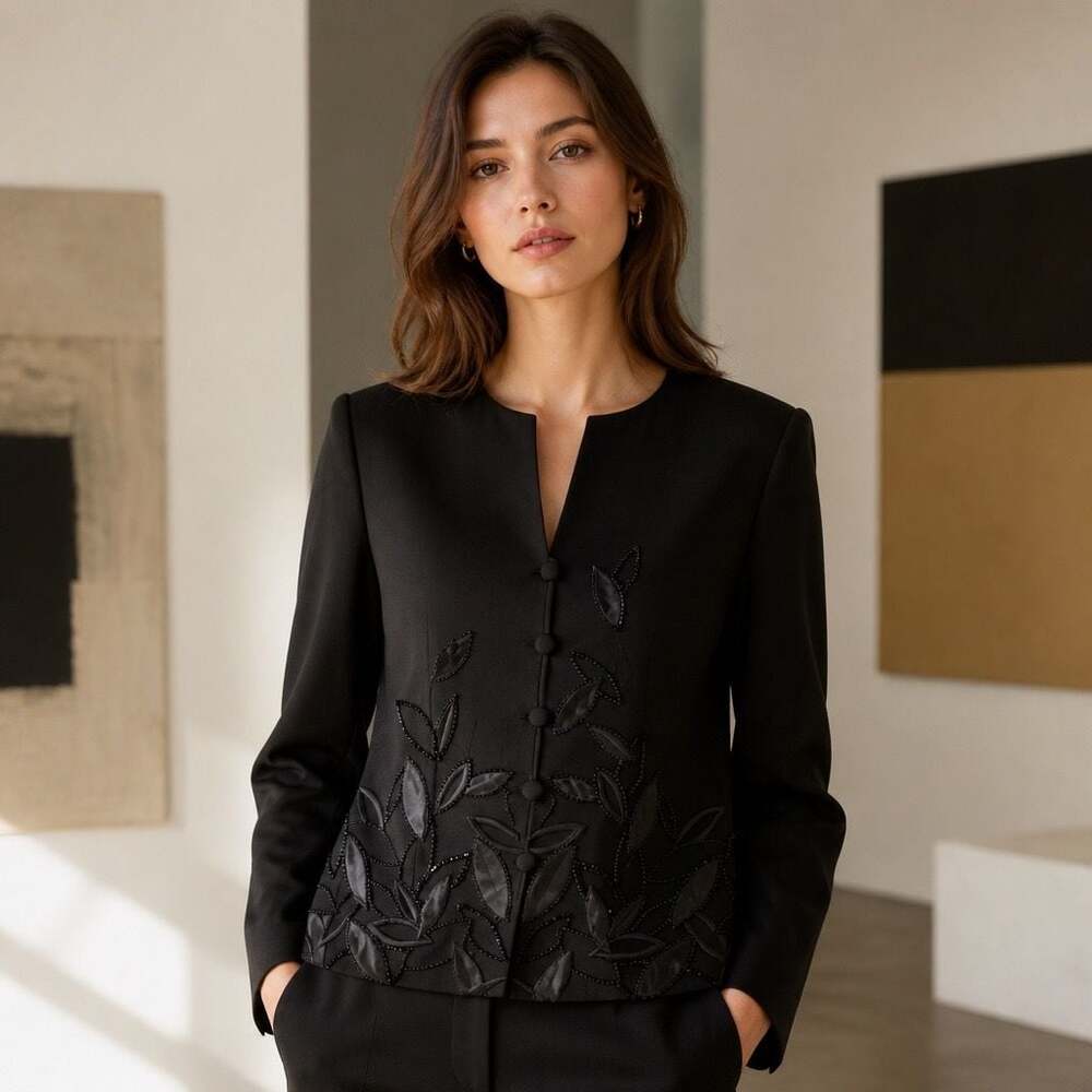 Adrianna Papell Occasions Women's Black Jacket w/Beaded Leaf Applique, Size 12